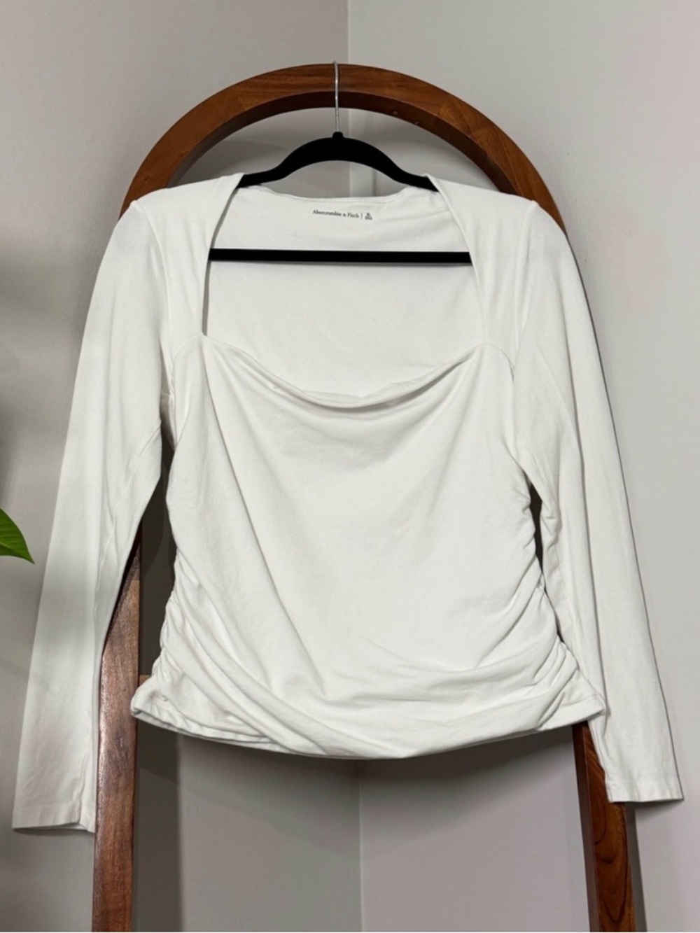 Abercrombie & Fitch XL White Square Neck Long Sleeve Side Ruched Blouse Top